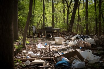 garbage and trash on ground in forest. generative ai