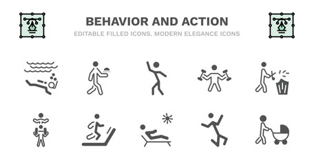 set of behavior and action filled icons. behavior and action glyph icons such as waiter with food tray, stick man dancing, man fitness, prune hedge, piggyback a kid, piggyback a kid, man on