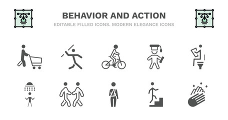 set of behavior and action filled icons. behavior and action glyph icons such as man throwing javelin, man riding bicylce, stick man graduated, at restroom, showering, showering, two men meeting,