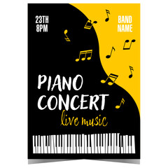 Live piano music concert or festival promotion banner or poster with black grand piano and musical notes on yellow background. Vector illustration of invitation leaflet or flyer for piano concert. © hello_design