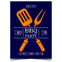 BBQ party invitation poster or banner with fork and turner spatula for grilling. Barbecue event promotion for summer weekend outdoor picnic, meat cooking, steak grilling and sausage roasting.
