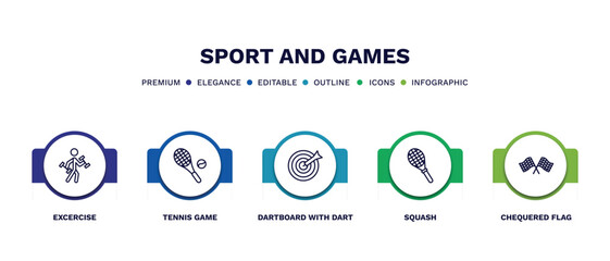 set of sport and games thin line icons. sport and games outline icons with infographic template. linear icons such as excercise, tennis game, dartboard with dart, squash, chequered flag vector.