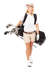 Golf, sports and walking with a woman for a hobby, recreation or training. Sport, clubs and a...