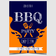 Barbecue party invitation poster with grill filled with flame and charcoal smoke, fork and turner spatula ready to grill, fry and roast the beef or pork steak during the bbq weekend outdoor picnic.