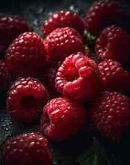 fresh raspberries fruit with visible water drops, top view