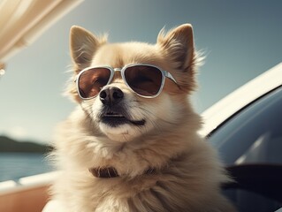 pomeranian dog portrait on a yacht