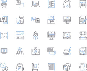 Test-exam line icons collection. Assessment, Evaluation, Quiz, Exam, Testimony, Analysis, Scrutiny vector and linear illustration. Verification,Inspection,Inquiry outline signs set