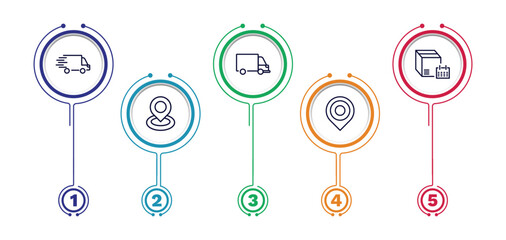 set of delivery and logistics thin line icons. delivery and logistics outline icons with infographic template. linear icons such as delivery, transportation, schedule, tracking, arrival vector.
