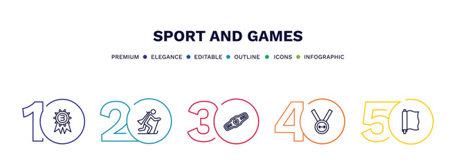 set of sport and games thin line icons. sport and games outline icons with infographic template. linear icons such as third, biathlon, champion belt, weight lifting medal, foil vector.