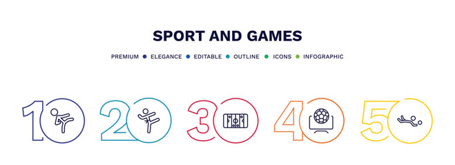 set of sport and games thin line icons. sport and games outline icons with infographic template. linear icons such as karate fighter, taekwondo, hockey arena, football channel, volleyball motion © Abstract