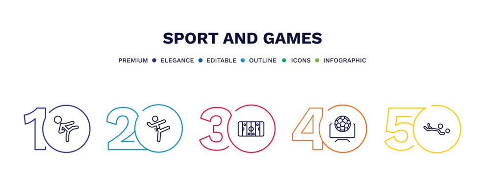 set of sport and games thin line icons. sport and games outline icons with infographic template. linear icons such as karate fighter, taekwondo, hockey arena, football channel, volleyball motion