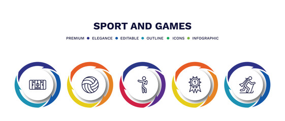 set of sport and games thin line icons. sport and games outline icons with infographic template. linear icons such as hockey arena, volleyball ball, dancing motion, golden medal, biathlon vector.
