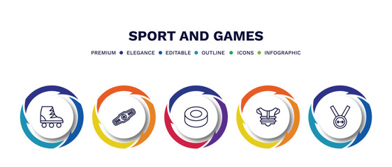 set of sport and games thin line icons. sport and games outline icons with infographic template. linear icons such as roller skate, champion belt, hockey puck, chest guard, weight lifting medal