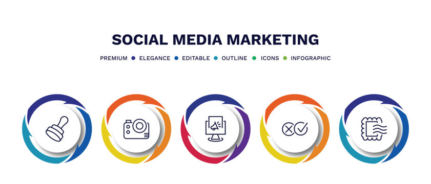 set of social media marketing thin line icons. social media marketing outline icons with infographic template. linear icons such as stamps, big photo camera, digital marketing, pros and cons,