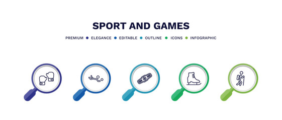 set of sport and games thin line icons. sport and games outline icons with infographic template. linear icons such as two boxing gloves, volleyball motion, champion belt, ice skating, trekking