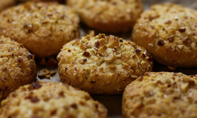 nut homemade cookies with almonds. Delicious sweet snack. food background, cookie texture close-up.