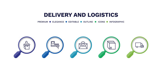 set of delivery and logistics thin line icons. delivery and logistics outline icons with infographic template. linear icons such as unpacking, delivery x ray, zip code, packages, transportation