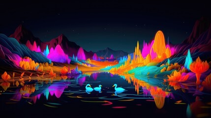 3D neon world, spring, a beautiful neon world with lots of colorful flowers and mountains, magical neon world children playing, neon spring flowers and forest