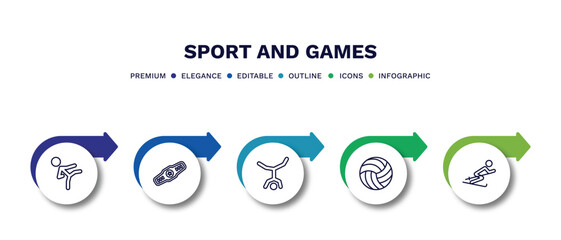 set of sport and games thin line icons. sport and games outline icons with infographic template. linear icons such as karate fighter, champion belt, capoeira, volleyball ball, slalom vector.
