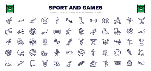 set of sport and games thin line icons. sport and games outline icons such as excersice, jumping ski, weighted bars, taekwondo, ice skating, motor sports, excercise, foil, snow slide zone vector.