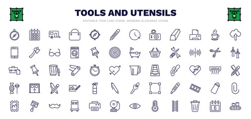 set of tools and utensils thin line icons. tools and utensils outline icons such as orientation compass, house on wheels, pencil tool, cup of hot coffee, reparation, pitcher with levels, flame