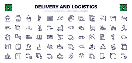 set of delivery and logistics thin line icons. delivery and logistics outline icons such as duty free, unpacking, scooter delivery, box, package on trolley, tings, ocean transportation, list, delay