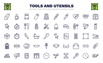 set of tools and utensils thin line icons. tools and utensils outline icons such as metal, clothes rack, tiny key, tack save button, open black box, school push pin, printing calculator, packing