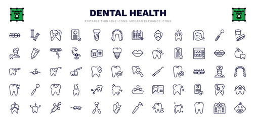 Fototapeta na wymiar set of dental health thin line icons. dental health outline icons such as dental brackets, plaque, maxilla, mouth mirror, medical list, check up, tooth extraction, needle, baby vector.