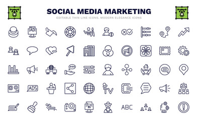 set of social media marketing thin line icons. social media marketing outline icons such as buttons, fill, pros and cons, avatars, stadistics, user avatar, letter with stamp, feedback, importance