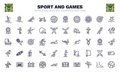 set of sport and games thin line icons. sport and games outline icons such as jet surfing, slalom, football ball, golden medal, roller skate, scuba diving, pencak silat, excercise, basketball basket