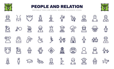 set of people and relation thin line icons. people and relation outline icons such as dutch, beard, sexual harassment, venezuelan, psychology, father and daughter, baby diaper, cape, aviation