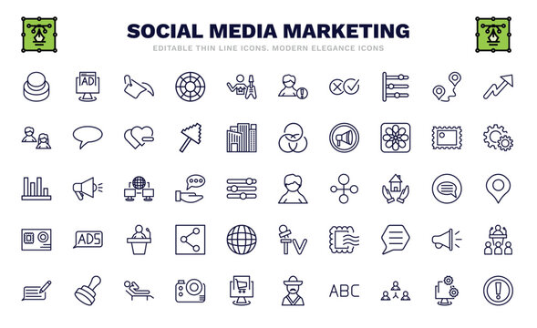 set of social media marketing thin line icons. social media marketing outline icons such as buttons, fill, pros and cons, avatars, stadistics, user avatar, letter with stamp, feedback, importance