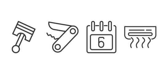 set of tools and utensils thin line icons. tools and utensils outline icons included piston on, penknife, calendar with six days, air conditioning vector.