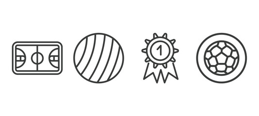 set of sport and games thin line icons. sport and games outline icons included basketball court, exercise ball, golden medal, football ball circular vector.