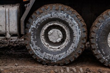 Fototapeta na wymiar Dirty truck wheels close-up photo