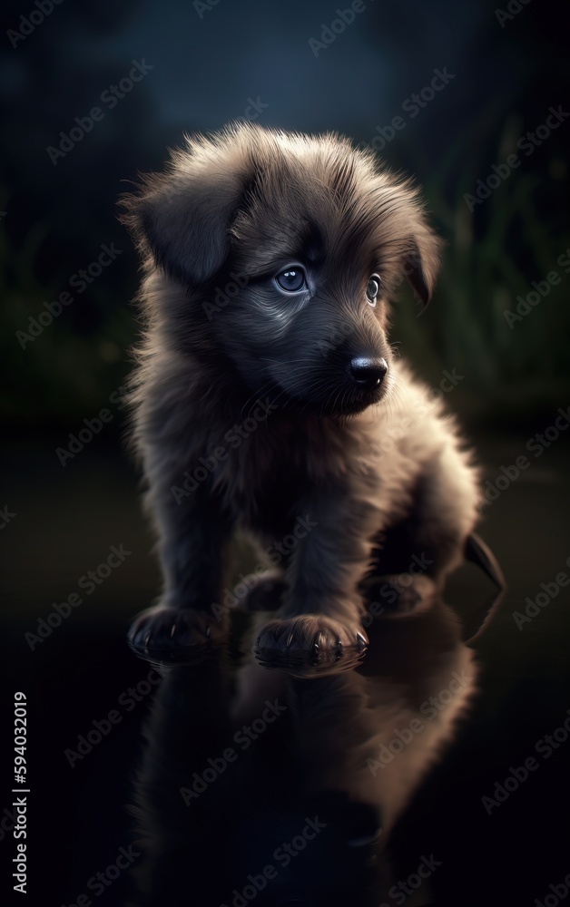 Poster a puppy is standing on a reflective surface with its paws on the ground and its reflection in the we