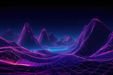 Abstract virtual reality violet background, cyber space landscape with unreal mountains. AI Generative