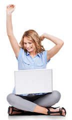 Business, laptop and woman excited, celebration or website launch isolated on transparent studio...