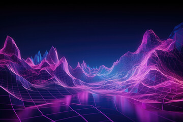Fototapeta na wymiar Abstract virtual reality violet background, cyber space landscape with unreal mountains. AI Generative