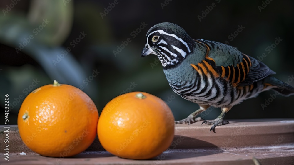 Poster a bird standing on top of a table next to two oranges on a tablecloth covered tablecloth with a plan