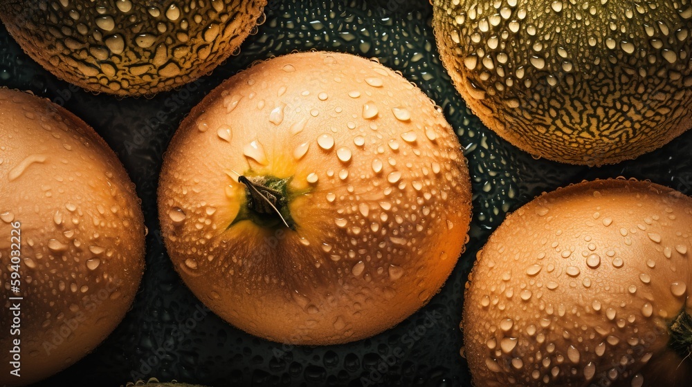 Poster a group of oranges sitting on top of a table covered in water droplets and dew covered fruit with a 