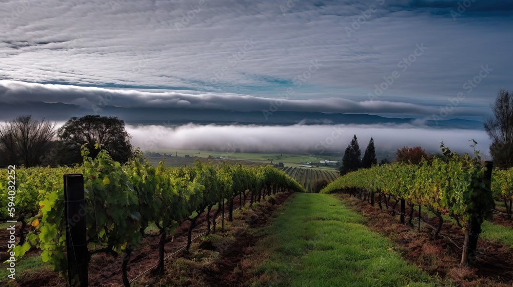 Poster a row of trees in a field with clouds in the background and a row of trees in the foreground with a 