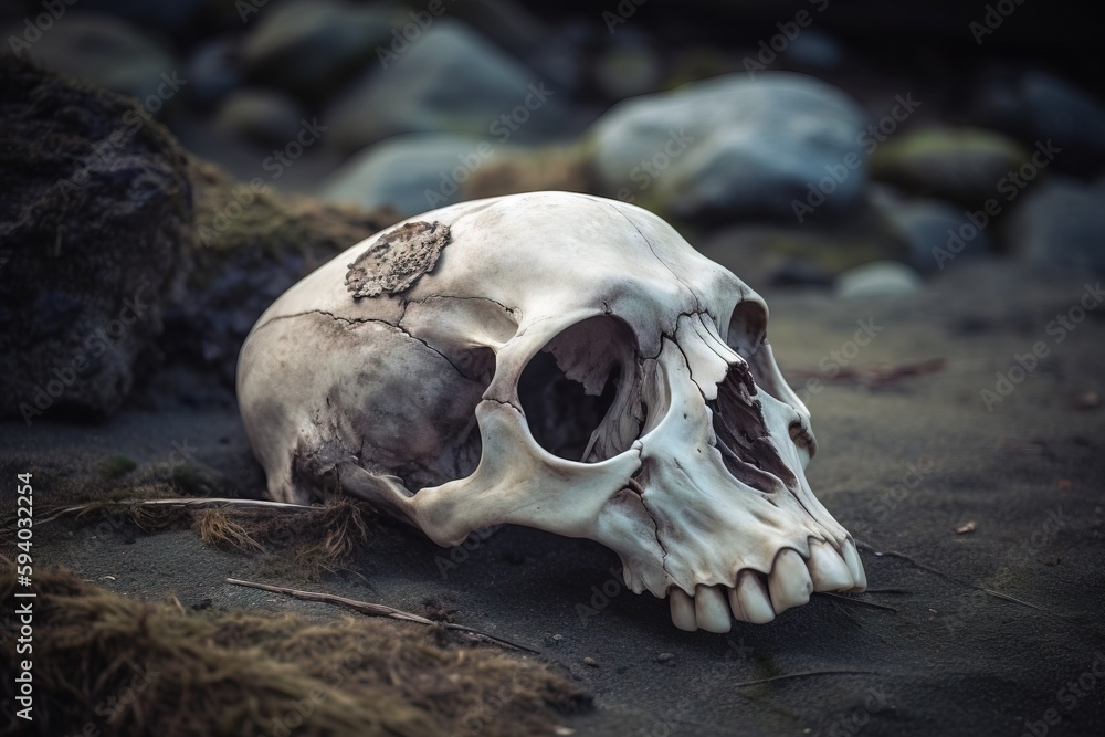 Poster a human skull is shown on the ground with moss growing on it's side and a rock in the background wit