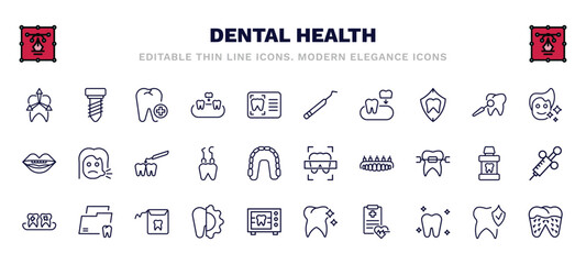 set of dental health thin line icons. dental health outline icons such as intraoral, aid, periodontal scaler, healthy boy, interproximal, dental x ray, plaque, apicoectomy, health report, bacteria