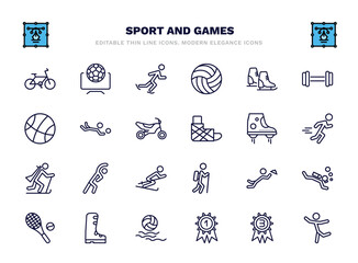 set of sport and games thin line icons. sport and games outline icons such as race bike, ice skating man, ice skates, volleyball motion, flying shoes, stretching, waiter falling, ski boots, golden