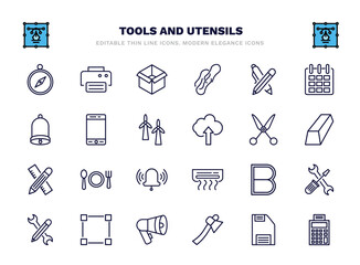 set of tools and utensils thin line icons. tools and utensils outline icons such as orientation compass, open black box, writing tool, modern telephone, shear, dining, bold, basic square, hand axe,