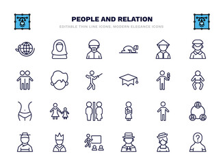 set of people and relation thin line icons. people and relation outline icons such as ecosystem, muslim man, vietnamese, facial hair, foreign reporter, mother and daughter, small boy, emperor,