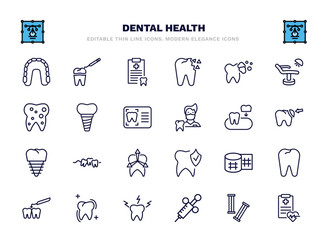 set of dental health thin line icons. dental health outline icons such as maxilla, medical list, tooth cleaning, implant, partial denture, malocclusion, gauze, sealants, dental needle, health report © Abstract