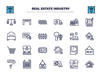 set of real estate industry thin line icons. real estate industry outline icons such as juridical, wall, modern house, deposit, house decoration, mansion, plans, skyscraper, certification,