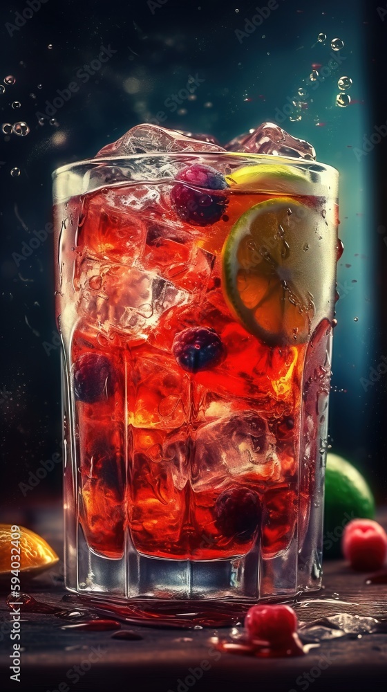 Poster a glass of ice tea with a lemon slice and a lemon slice on the rim of the glass with ice and a lime 